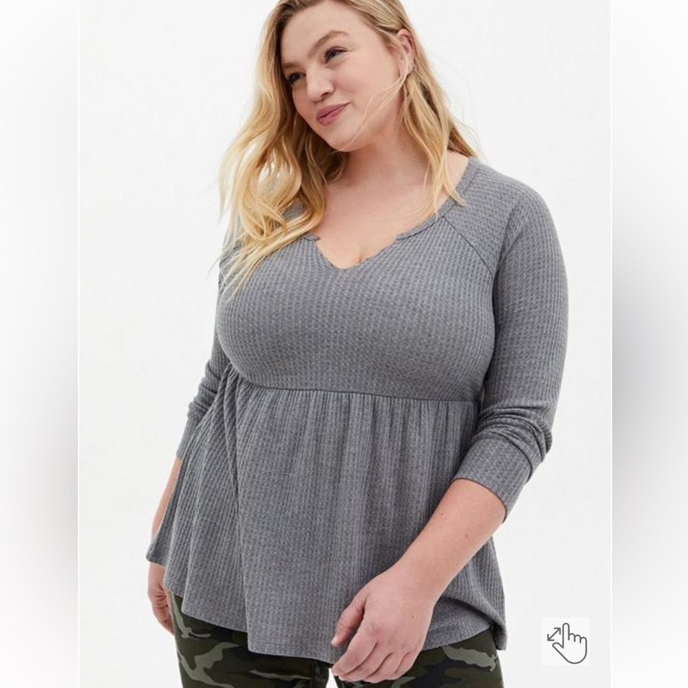 Torrid Grey Waffle Knit V Neck Babydoll Top 0